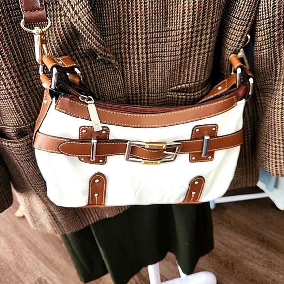 Chaps Ralph Lauren Leather Crossbody & Shoulder Western Preppy Boho White Tan - Picture 7 of 7